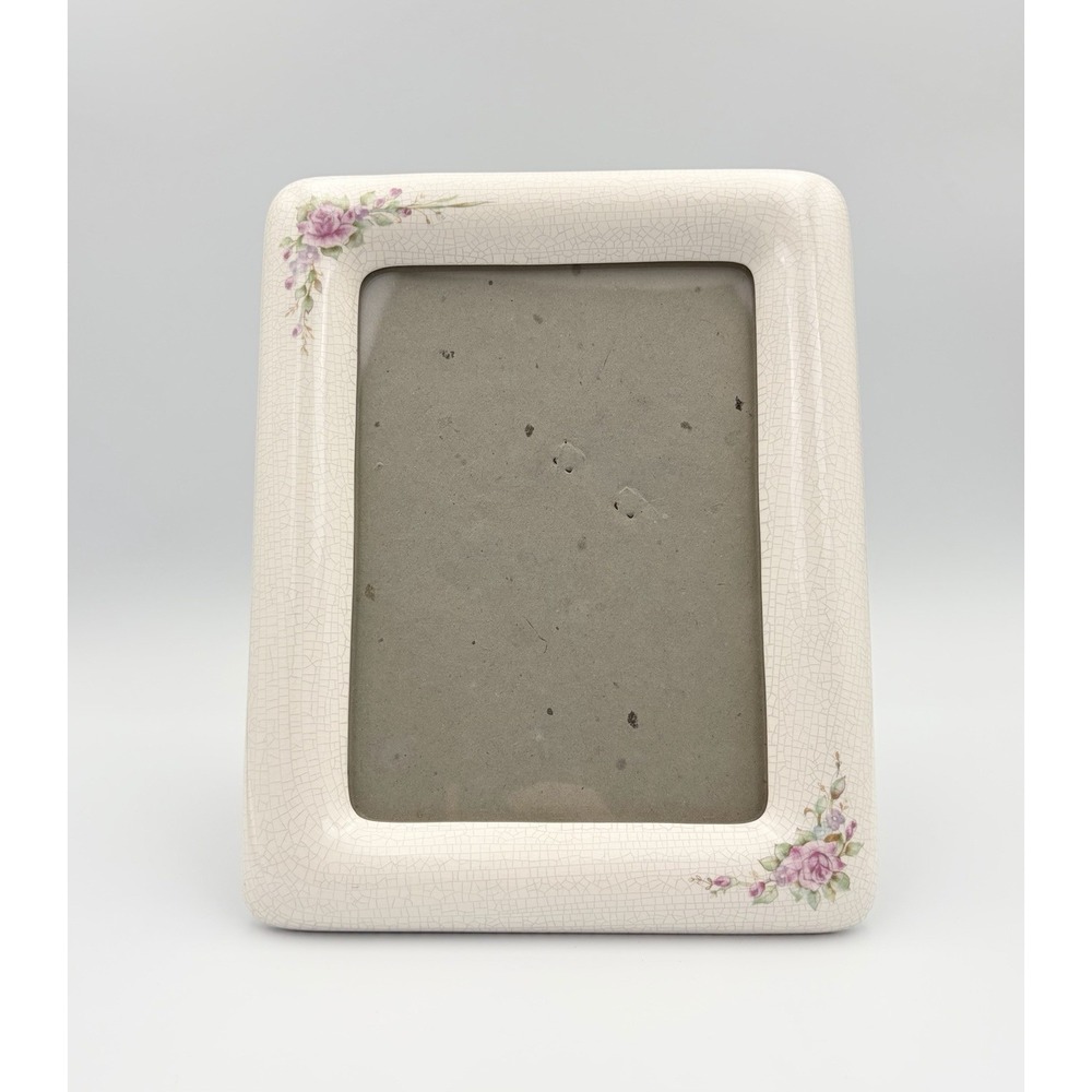 VTG Ceramic Crackle Glaze Picture Frame Cream Pink Rose Floral Cottagecore 5x7